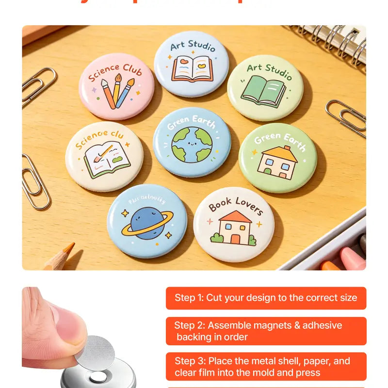 VEVOR 50-Set 0.98in/25mm Round Fridge Magnets Button Maker Supplies - Magnetic Backs, Metal Shells, Transparent Mylar Films, Blank Circle Papers for Home DIY, Christmas, Back to School (Refrigerator Decorating Magnetic Item)