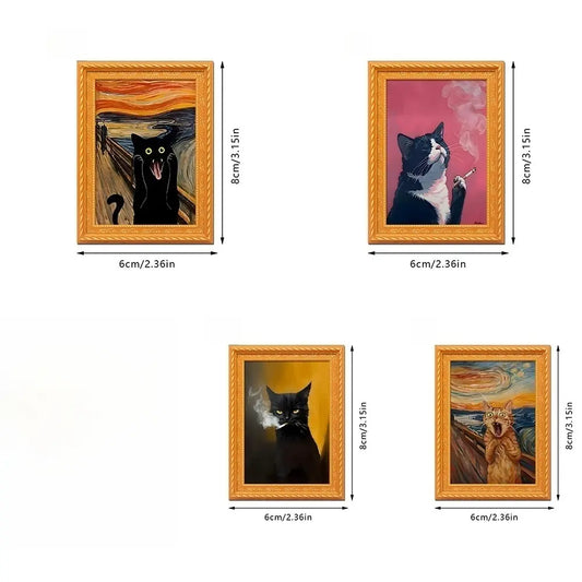 1PC Screaming Black Cat Fridge Magnet - Vintage Painting Style Wooden Frame with Magnetic Back, Fun Conversation Starter for Cat Lovers & Kitchen Decor