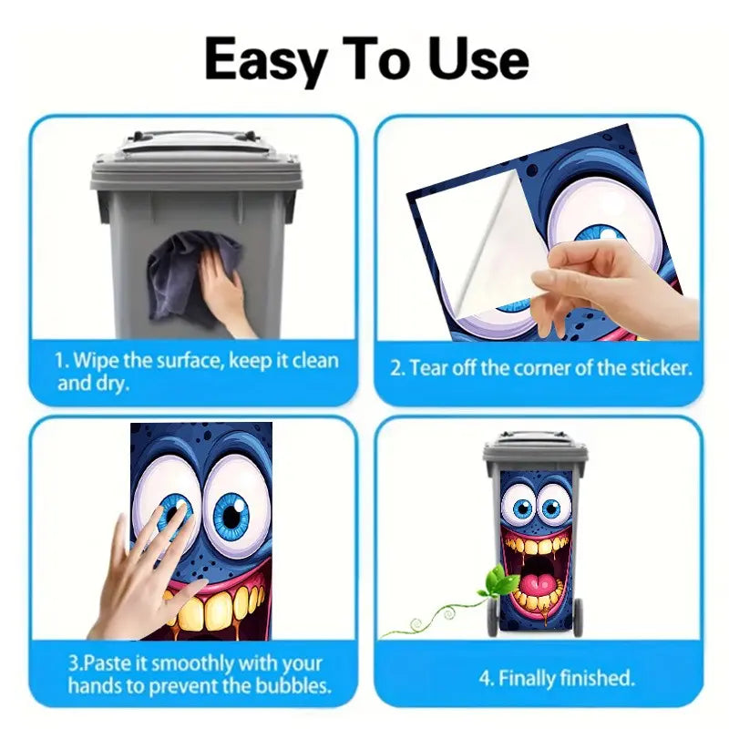 1pc Trash Can Sticker 37x82cm, Blue Face Cute Monster Design, Self-Adhesive Decorative Wall Decal, Kitchen Stickers, Kitchen Decor, Home Decoration