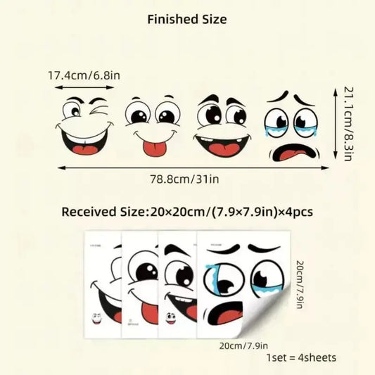 4 sheets/Set Cartoon Face Stickers, Wall Decals Peel and Stick, Self-Adhesive, Household, Plastic Surface Compatible, Removable, Home Decor Suitable for Trash Can, Wall, Refrigerator, Glossy Finish, Decorative, Kitchen Stickers
