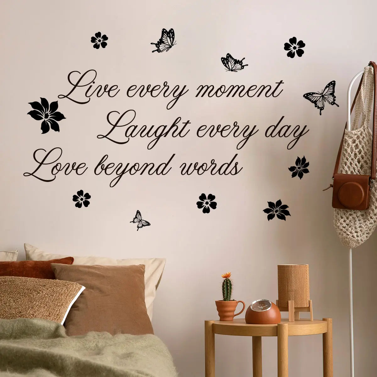 (30*60cm) black English slogan butterfly and flower Decorative wall sticker for beautifying home, living room, entrance, corridor, bedroom decoration background wall. Self-adhesive, Floral Pattern Sticker, MS8729