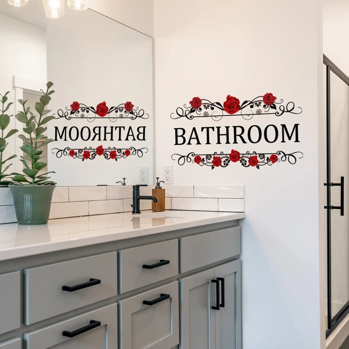 A red rose English Bathroom wall sticker, door sticker, bathroom home decoration sticker, floral wall decals, flower wall stickers, Decorative Wall Sticker, self-adhesive and removable CT2038-KQ