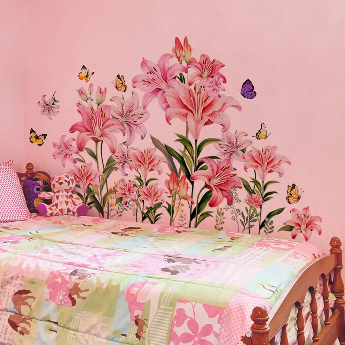 A pink lily spring wall sticker, Decorative Decal, Decorative Stickers, for bedroom and living room background wall home decoration, self-adhesive, MS7306-YC, Decoration Items