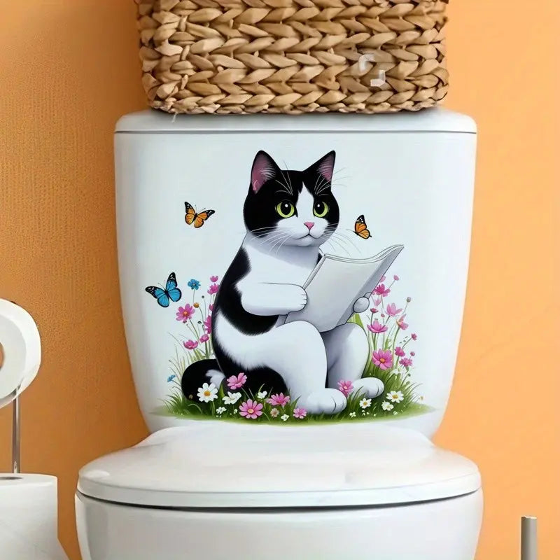 Cute Cat Reading Newspaper Toilet Sticker, Home Decor Stickers, Bathroom Decorative Wallpaper, Home Aesthetic Decoration, Spring Summer Essential