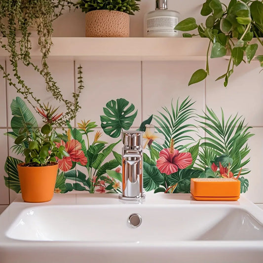 Tropical Floral Bathroom Stickers, Decoration Sticker, Lush Plant Tile Decals, Self-Adhesive Removable Decor, Vibrant Wall Art for Bathroom Walls, Decorative Sticker