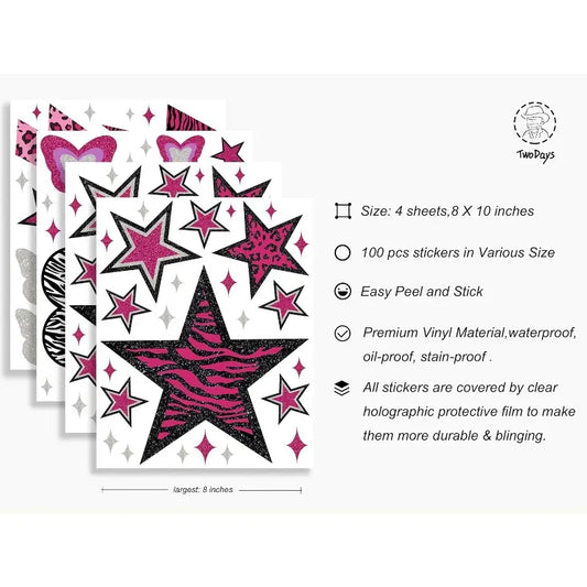 1 set of 4pcs pink Star Love Lightning Wall Stickers: Star Love with leopard print, zebra print and other elements, paired with lightning design, adds lively and cool feeling to the bedroom, vinyl removable home decoration stickers Wall Decals