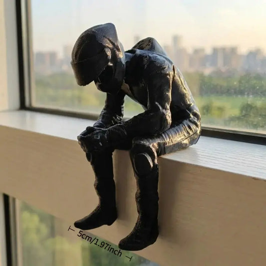 Sitting Racing Driver Statue, 3D Printed Sad Motorcycle Rider Sculpture, Decorative Sculptures, Cool Desktop Decor for Car Dashboard Office Desk, Unique Gift for Racing Enthusiasts, Decorative Piece