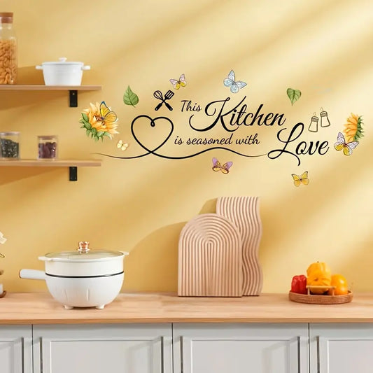 1Pc Flower Butterfly Kitchen Decoration Wall Stickers, DIY Kitchen Slogan Wall Stickers, Removable Vinyl Wall Stickers, Used for Kitchen, Restaurant, Bar, Baking Room Doors, Home Decoration, Valentine's Day, Ramadan Festivals, Floral Wall Decals