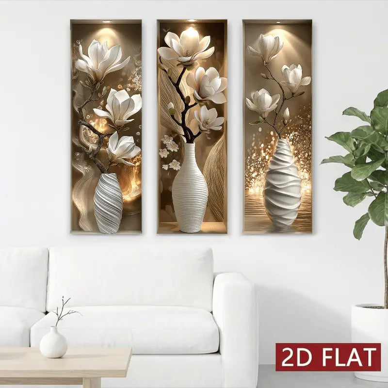 3pcs Realistic Magnolia Flower Wall Stickers, Floral Wall Decals, Wall Art Stickers, Home Decor, Modern Style Waterproof Self-Adhesive Decorative Wallpaper, Easy Peel & Stick for Living Room Bedroom