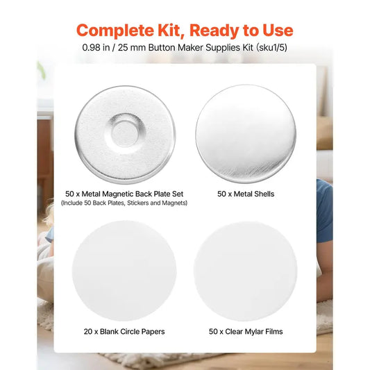 VEVOR 50-Set Round Refrigerator Magnet Button Maker Supplies - 0.98in/25mm, Magnetic Backs, Metal Shells, Transparent Mylar Films, Blank Circle Papers for Home DIY, Room Decor