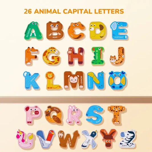 JoyCat Thick Wooden Large Round Animal & Fruit Shaped Magnetic Item Set, Refrigerator Decor with 26 Uppercase ABC Letters, 0-9 Numbers, Full Magnet Back, Room Decor, Storage Box, Educational Language Toy summerwins