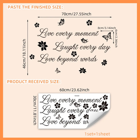 (30*60cm) black English slogan butterfly and flower Decorative wall sticker for beautifying home, living room, entrance, corridor, bedroom decoration background wall. Self-adhesive, Floral Pattern Sticker, MS8729