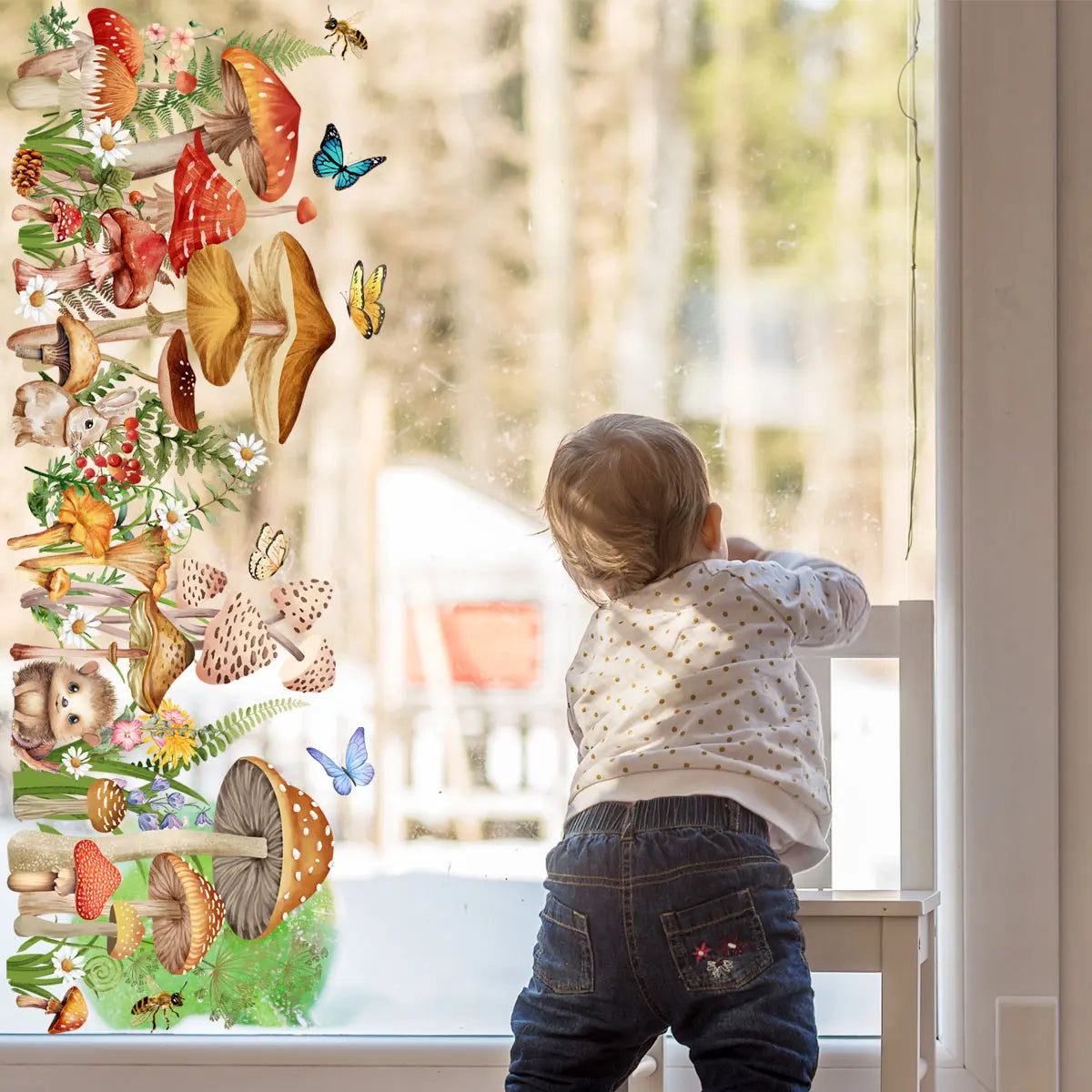 (30*90cm) creative hand-painted small animal, mushroom, flower, butterfly spring single-layer static sticker window sticker decorative background window sticker Flower Design Mushroom Stickers Graphic Decal (DJ4131-ZC)