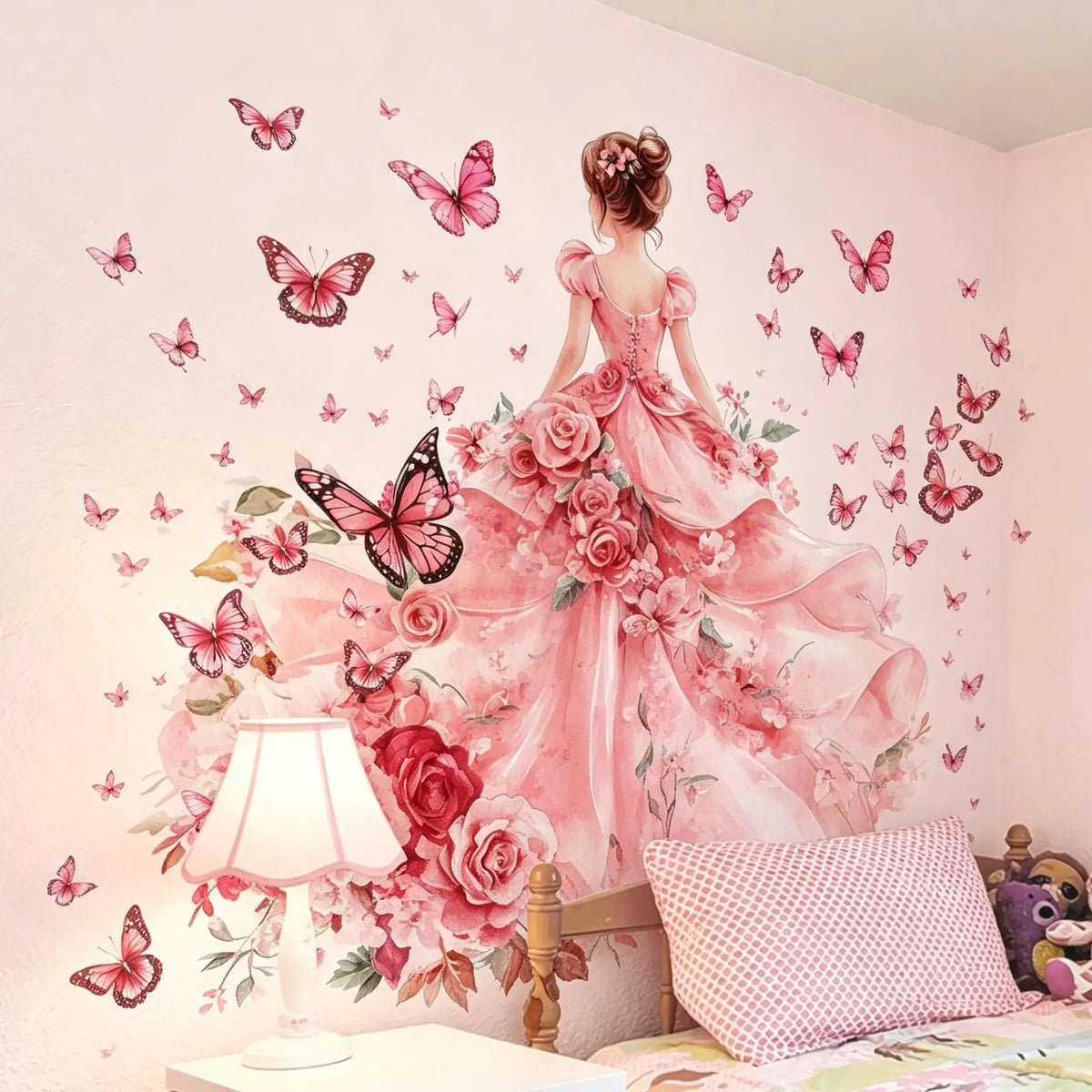 Contemporary Style Pink Floral and Butterfly Girl Wall Decals - Decorative Wall Sticker, Modern Wall Sticker, Flower Wall Stickers, Wall Art Stickers, Large Self-adhesive PVC Wall Stickers for Living Room Bedroom Sofa Backdrop, Detachable Irregular Shape