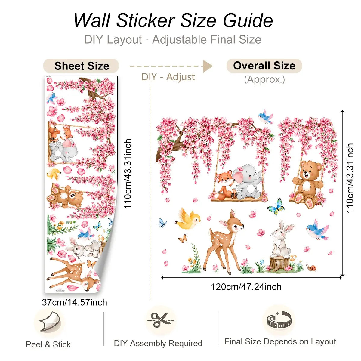 Pink Cherry Blossom Woodland Animal Wall Stickers, Removable No Residue Wall Decals for Girls Nursery, Baby Room & Playroom Wall Art, Decorative Wall Sticker, Wall Stickers Decorations
