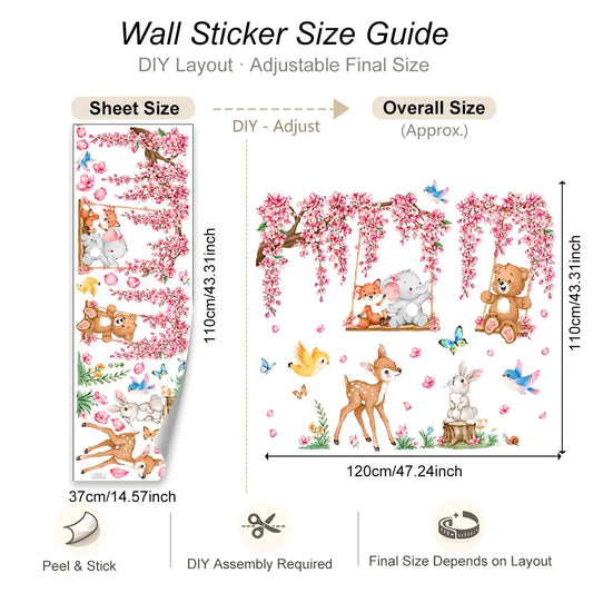 Pink Cherry Blossom Woodland Animal Wall Stickers, Removable No Residue Wall Decals for Girls Nursery, Baby Room & Playroom Wall Art, Decorative Wall Sticker, Wall Stickers Decorations