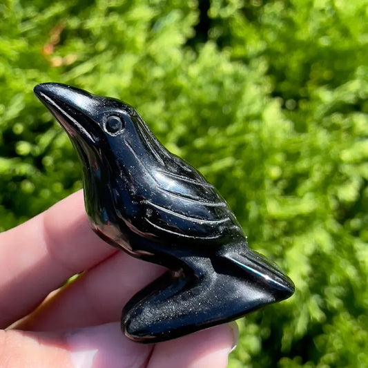 Handcrafted Natural Obsidian Crow Sculpture Desk Decor - Black Crystal Raven Mineral Specimen, Art Figurine, Desktop Decoration Ornament, Home Decoration Collectible, Witchy Decor