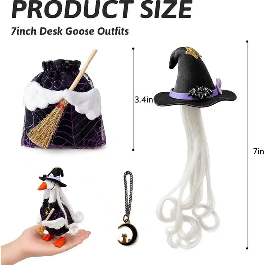 7" Miniature Desk Goose Halloween Witch Outfit Set - Purple Witch Theme Fabric Accessory, Unisex 7" Mini Goose Fit Decor for Office Black Punks Desktop Use
