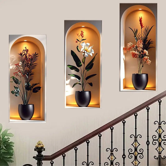 Elegant Tropical Plant Niche Wall Stickers Decor Wall Decals, Decoration Items, Arch Display Window Theme Exotic Leaf Floral Fake Window Scene, Removable Self-Adhesive PVC Wallpaper