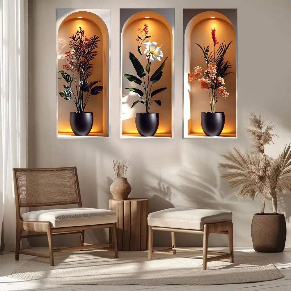 Elegant Tropical Plant Niche Wall Stickers Decor Wall Decals, Decoration Items, Arch Display Window Theme Exotic Leaf Floral Fake Window Scene, Removable Self-Adhesive PVC Wallpaper