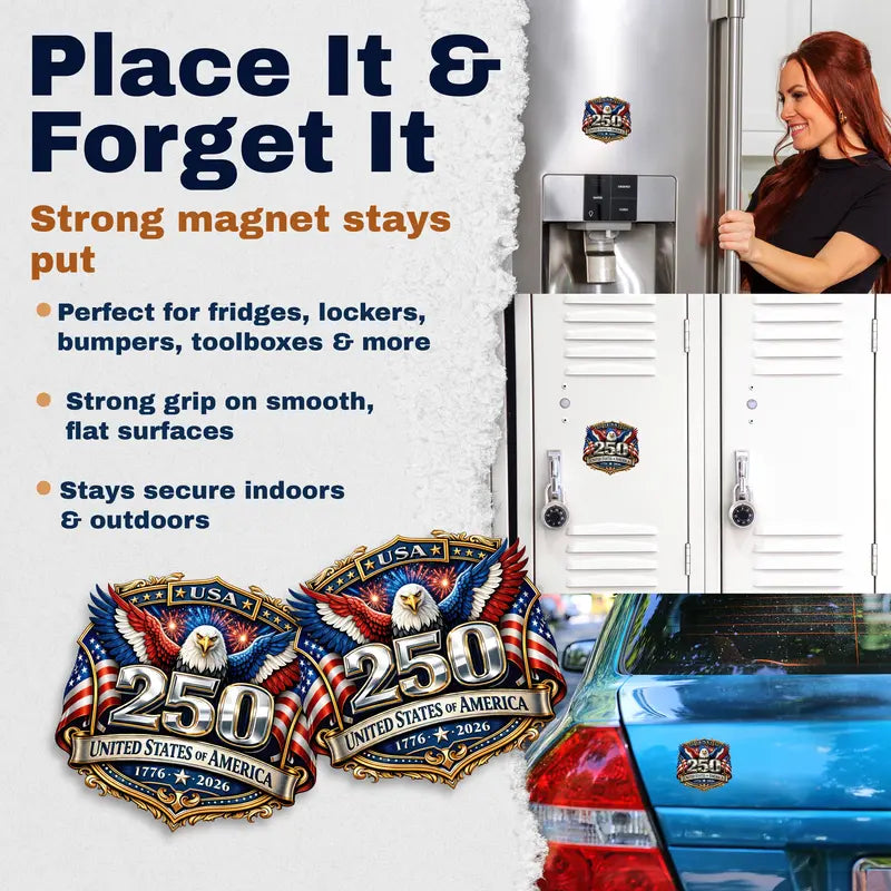 250 Years Strong USA Anniversary Emblem Magnet - 2 Pack Magnets For Truck Car SUV Refrigerator Toolbox Gift - Design For Semiquincentennial Liberty Magnetic - 5 Inch 2 Piece - USAMAG0010