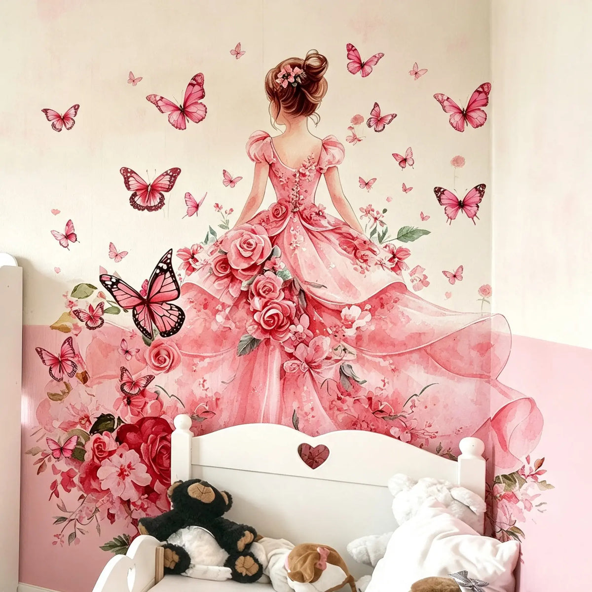 Contemporary Style Pink Floral and Butterfly Girl Wall Decals - Decorative Wall Sticker, Modern Wall Sticker, Flower Wall Stickers, Wall Art Stickers, Large Self-adhesive PVC Wall Stickers for Living Room Bedroom Sofa Backdrop, Detachable Irregular Shape