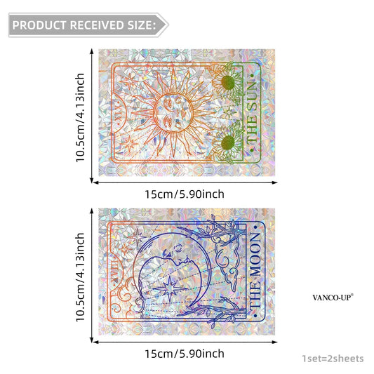 A set of two (10.5*15cm*2pcs) static cling colorful sun catchers with sun and moon ethnic style, modern home decorations for beautifying bedrooms, living rooms, balconies, and shop windows. These window stickers have double-sided visible patterns.