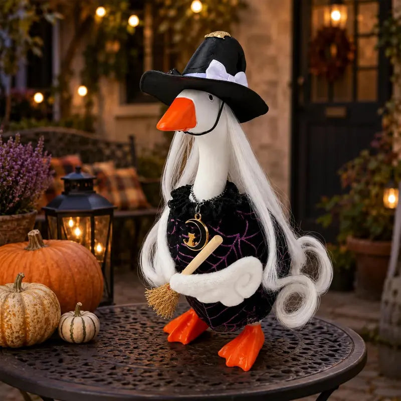 7" Miniature Desk Goose Halloween Witch Outfit Set - Purple Witch Theme Fabric Accessory, Unisex 7" Mini Goose Fit Decor for Office Black Punks Desktop Use