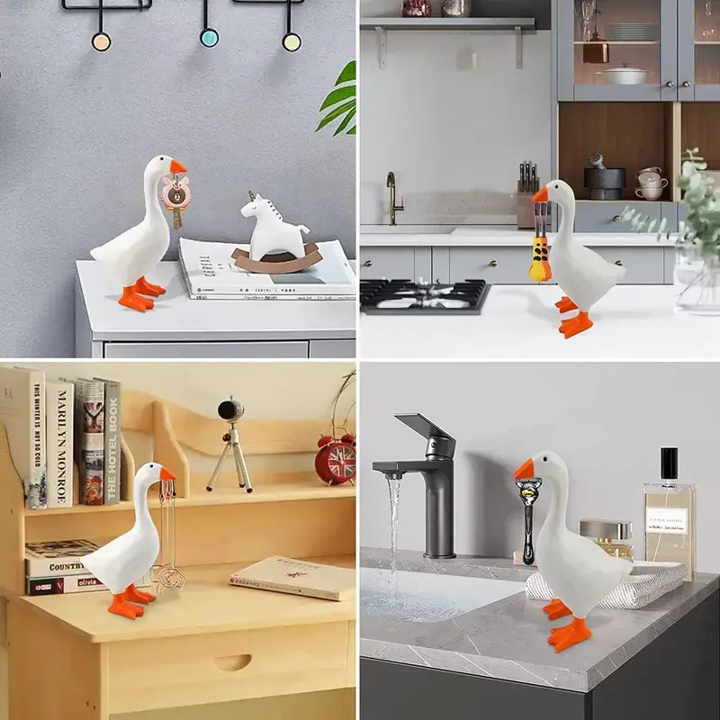 【Father's Day Gift】7-in Smooth Lightweight Modern Animal Theme Duck Statue Set with Magnetic Beak Metal Key Organiser, Stable Weighted Base, Strong Grip, Cute Goose Figurine for Desk Decor, Stands Steady Home & Kitchen Decor