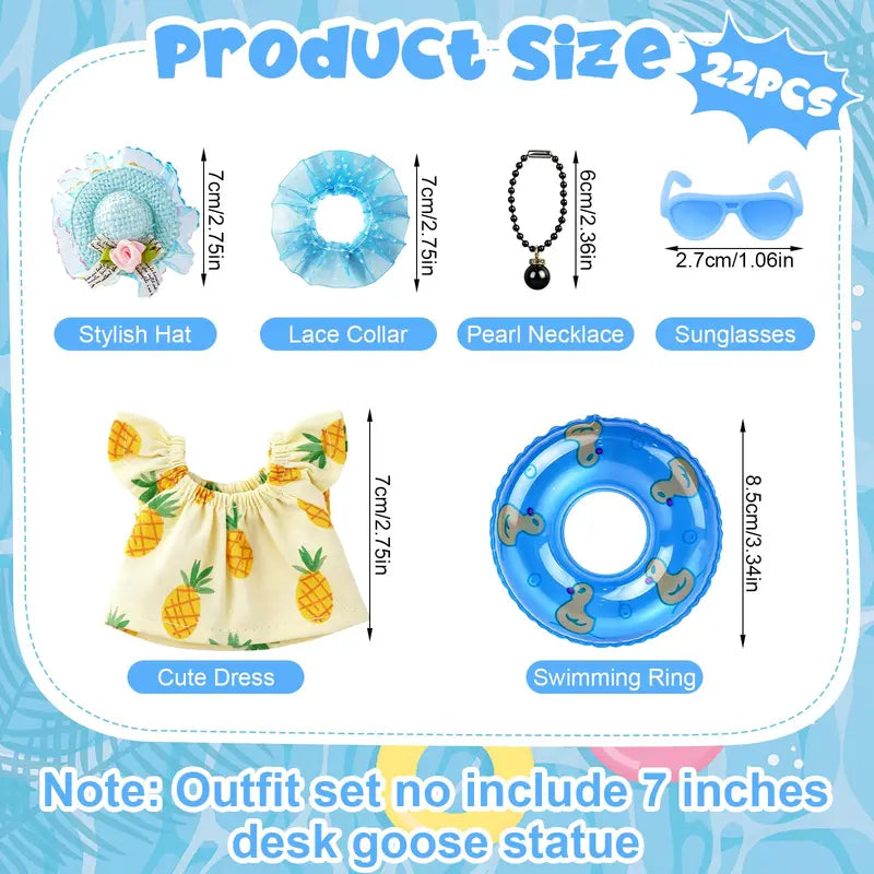 Desk Goose 22PCS 7in Polyester Outfits Set - Cute Short Switchable Dress-Up Accessories for Office Desk Figurine Decor: Hats, Sunglasses, Swim Rings, Bikini for Gifting & Special Occasions