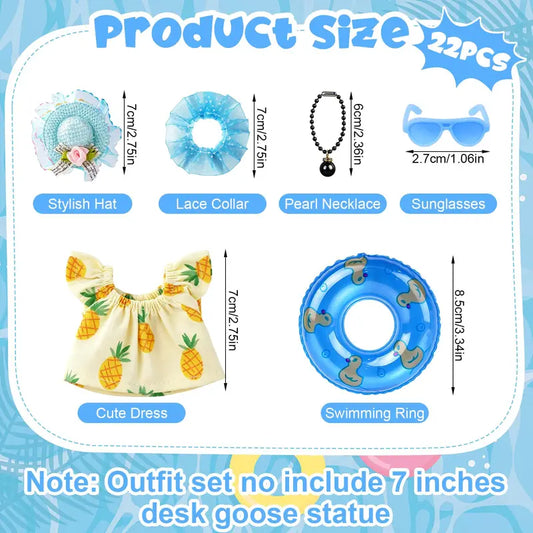 Desk Goose 22PCS 7in Polyester Outfits Set - Cute Short Switchable Dress-Up Accessories for Office Desk Figurine Decor: Hats, Sunglasses, Swim Rings, Bikini for Gifting & Special Occasions