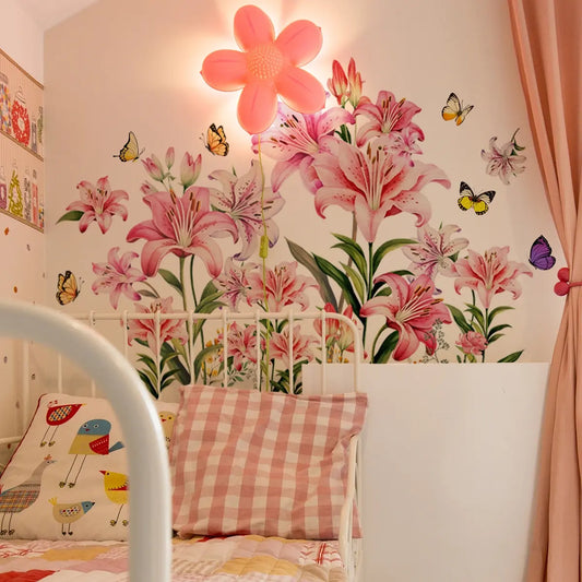 A pink lily spring wall sticker, Decorative Decal, Decorative Stickers, for bedroom and living room background wall home decoration, self-adhesive, MS7306-YC, Decoration Items