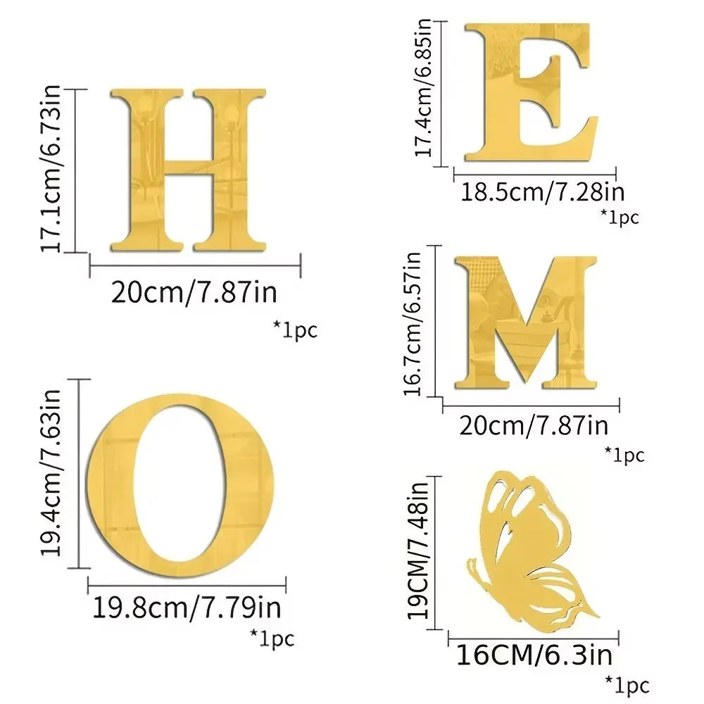 5PC, Golden HOME with butterfly acrylic mirror wall sticker, Acrylic Material, Ornaments, Versatile Placement, suitable for home decoration, living room, bathroom, bedroom, DIY detachable wall sticker, Wall Art Stickers, Wall Decal, Decoration Items