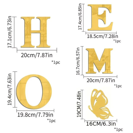 5PC, Golden HOME with butterfly acrylic mirror wall sticker, Acrylic Material, Ornaments, Versatile Placement, suitable for home decoration, living room, bathroom, bedroom, DIY detachable wall sticker, Wall Art Stickers, Wall Decal, Decoration Items