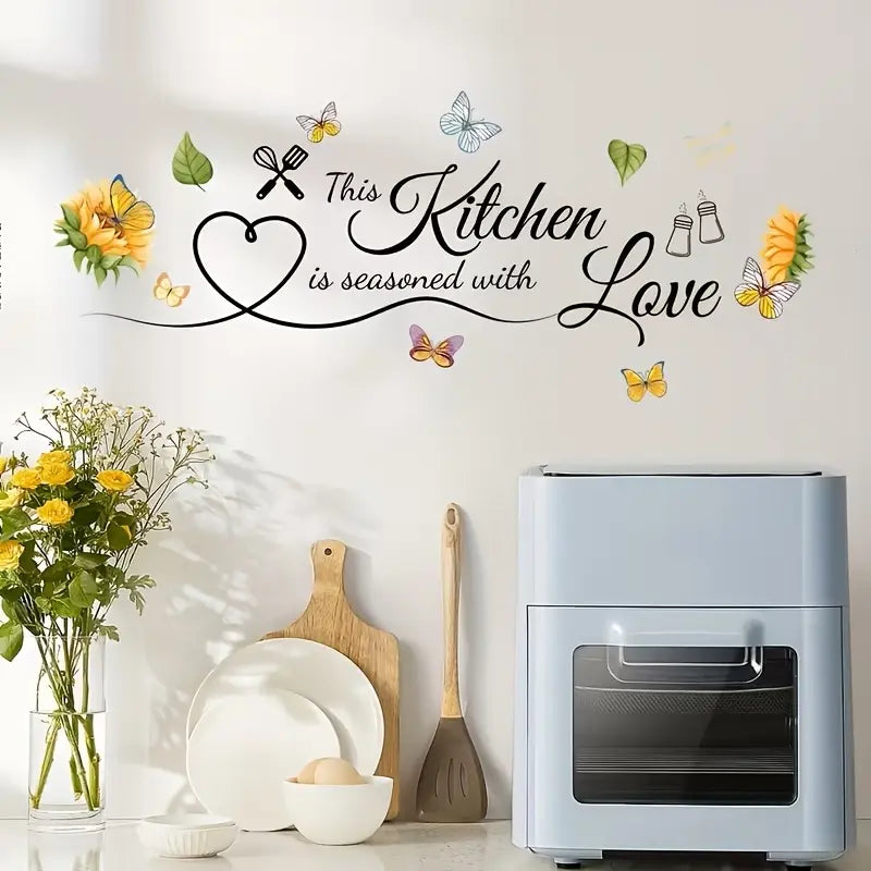 1Pc Flower Butterfly Kitchen Decoration Wall Stickers, DIY Kitchen Slogan Wall Stickers, Removable Vinyl Wall Stickers, Used for Kitchen, Restaurant, Bar, Baking Room Doors, Home Decoration, Valentine's Day, Ramadan Festivals, Floral Wall Decals