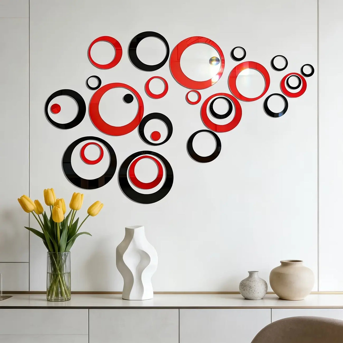72pcs red and black hollow circular acrylic mirror wall stickers, Round Design Decorative sticker, suitable for home decoration (living room, bathroom, bedroom, lintel), DIY detachable wall stickers, Reflective