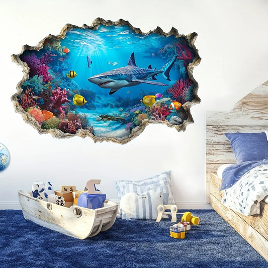 Ocean World Bathroom Wall Sticker with Shark Tropical Fish Coral Elements, Marine Elements, Immersive Underwater Scene Decorative Decal, Decorative Stickers, 3D Wall Art for Bathrooms, Unique Decoration, Decorating