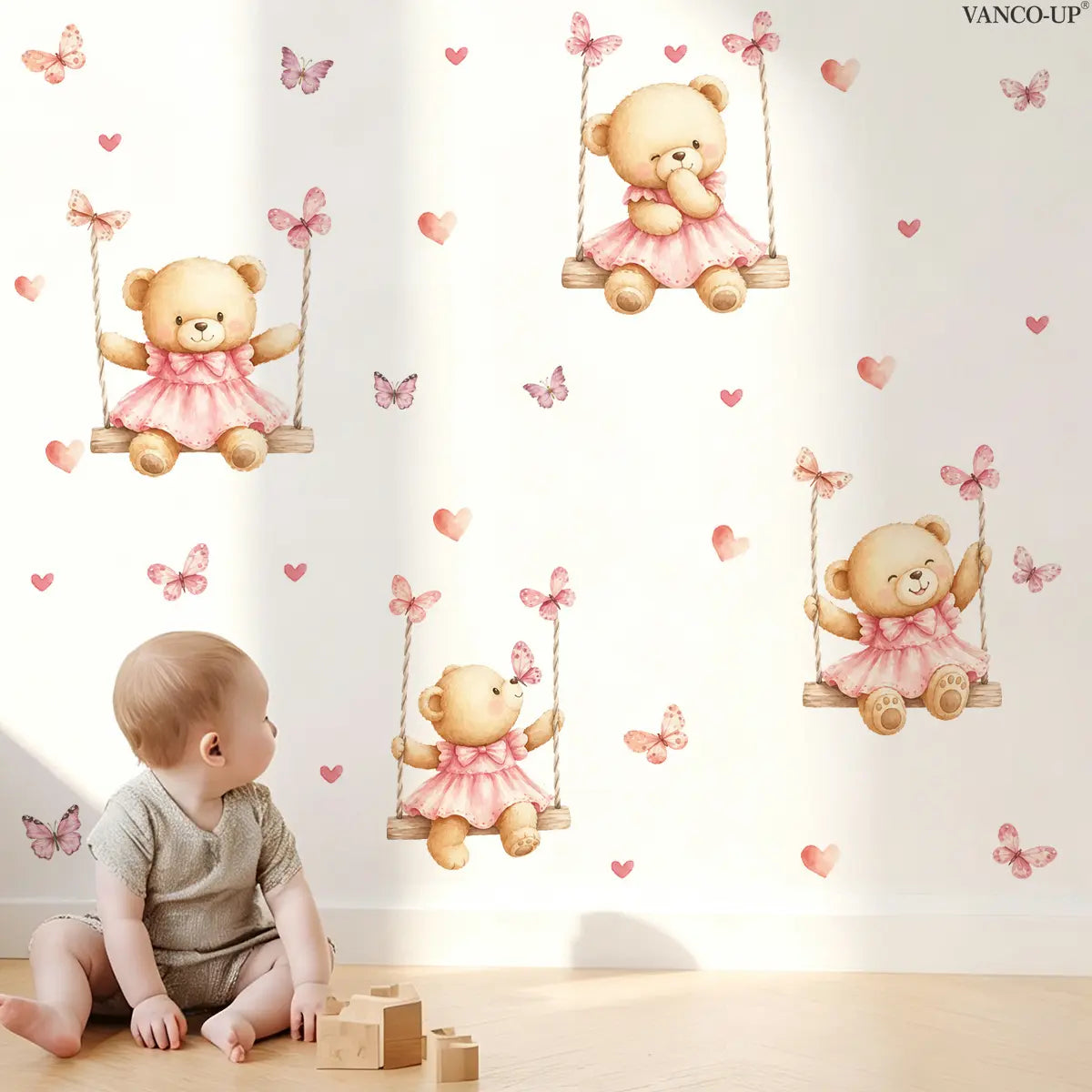 2Pcs Set (30*60cm) Cute Pink Teddy Bear Swing Self-adhesive Wall Stickers Wall Decal with Butterflies & Hearts, Decor for Girls & Kids Room, Decorative Sticker