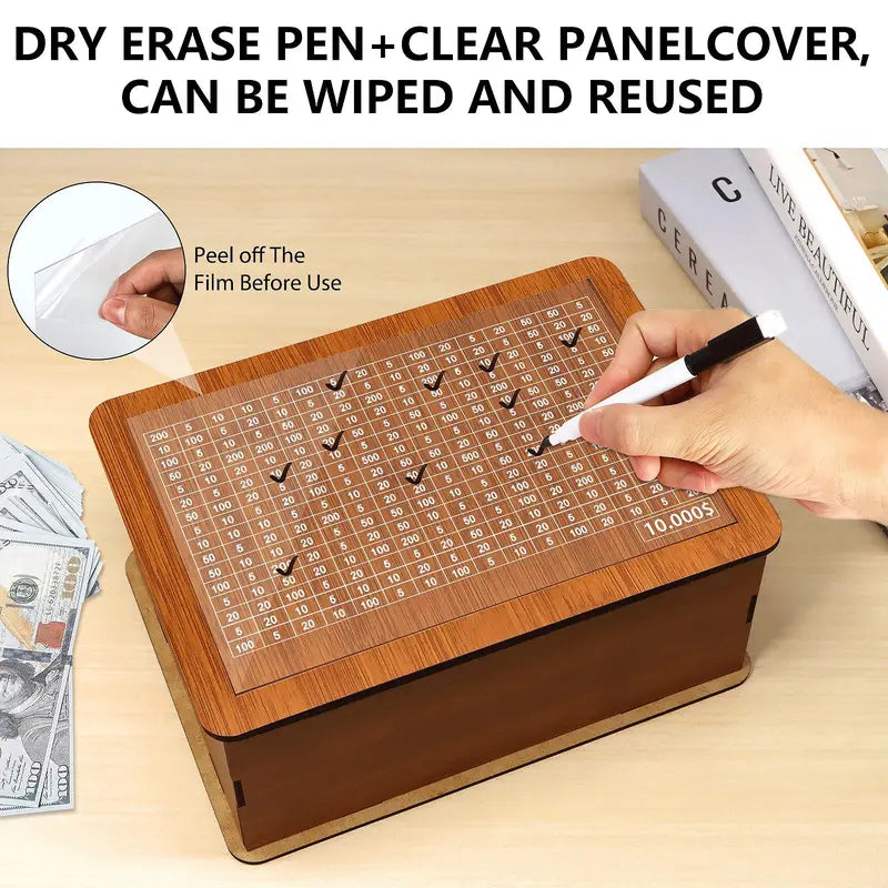 Larger Size FSC-Certified Brown Wooden Unisex Piggy Bank - Self-Assemble Transparent Acrylic Cash Box, Kakeibo Saving Tool with Counter, Dry Erase Pen, Math Educational Toy for Kids, Saving Games for Graduations