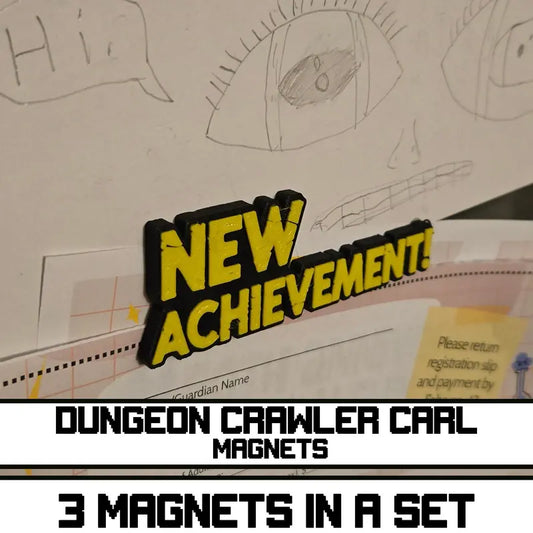 Chunky DungeonCrawler Carl Magnets! 13 quotes available, 3 unique thick magnets per set or buy a single! Strong neodymium magnets, holds multiple pieces of paper on fridge. These magnets are chonky to give depth. Works on cars (or anything metal) also. De