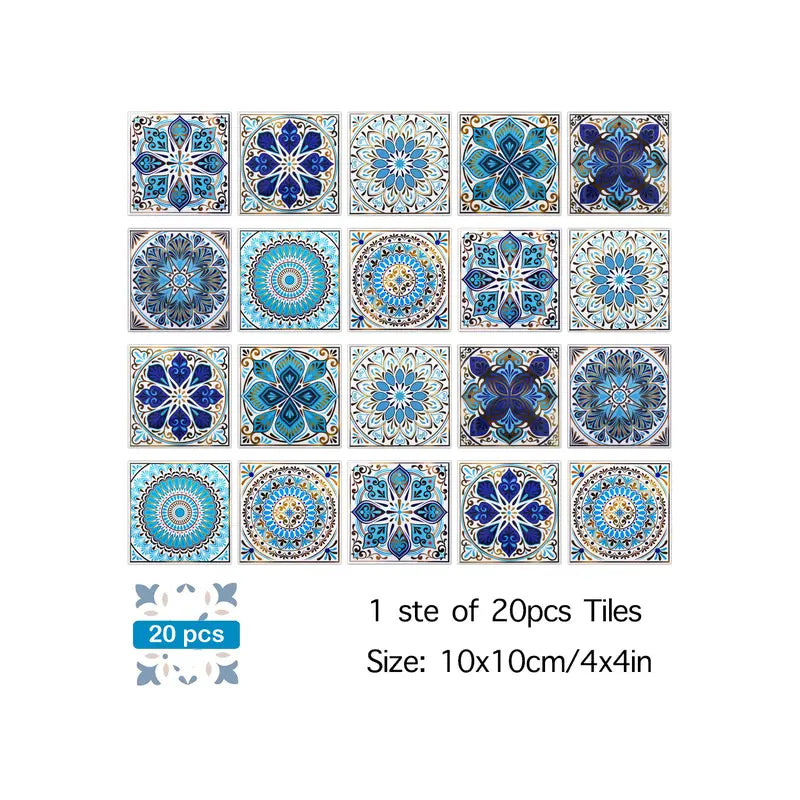 20pcs 4x4in Self-Adhesive Blue Mandala Art Stickers - Waterproof Vinyl, Classic Flashing Whimsical, Renter-Friendly Multi-Surface, Kitchen Accessories for Tile, Bathroom Decor Ideas, Accent Wall Home Decor