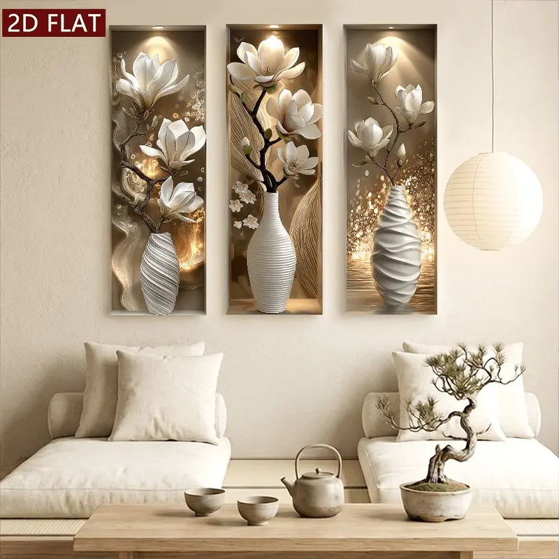 3pcs Realistic Magnolia Flower Wall Stickers, Floral Wall Decals, Wall Art Stickers, Home Decor, Modern Style Waterproof Self-Adhesive Decorative Wallpaper, Easy Peel & Stick for Living Room Bedroom