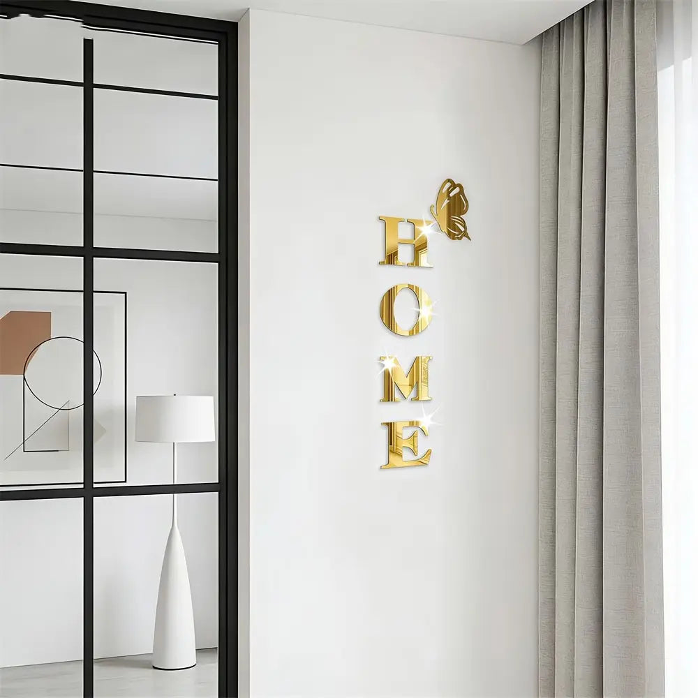 5PC, Golden HOME with butterfly acrylic mirror wall sticker, Acrylic Material, Ornaments, Versatile Placement, suitable for home decoration, living room, bathroom, bedroom, DIY detachable wall sticker, Wall Art Stickers, Wall Decal, Decoration Items