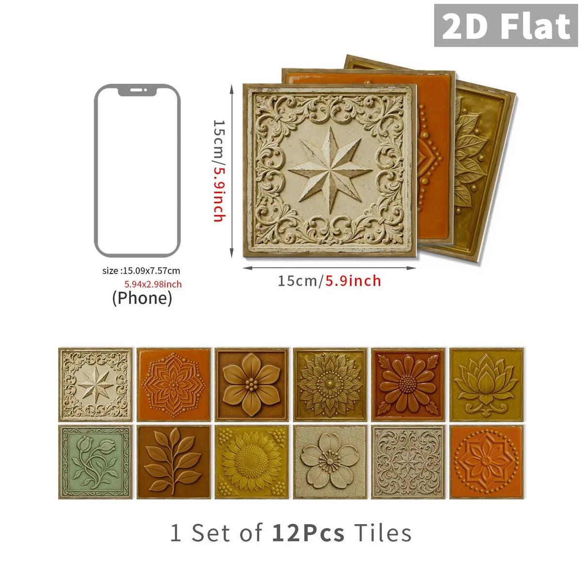 12/24 PCS per Gift Box, Sticker Set, ART PE Crystal Decorative Tile Stickers, Retro Warm Orange Embossed Floral & Star Pattern, Waterproof & Oil-Proof Self-Adhesive Tile Stickers for Kitchen, Bathroom, Tiles & Old Wooden Surfaces, Home Decor