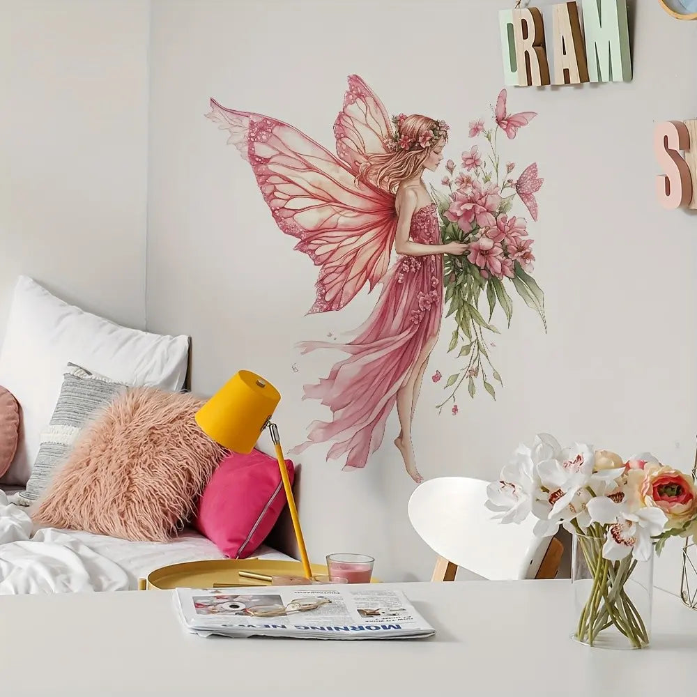 Dreamy Butterfly Fairy Flower Decorative Wall Sticker (removable), Perfect for Bedroom, Living Room, Kitchen, Office, Christmas, Halloween, Thanksgiving, New Year, Wall Art Stickers