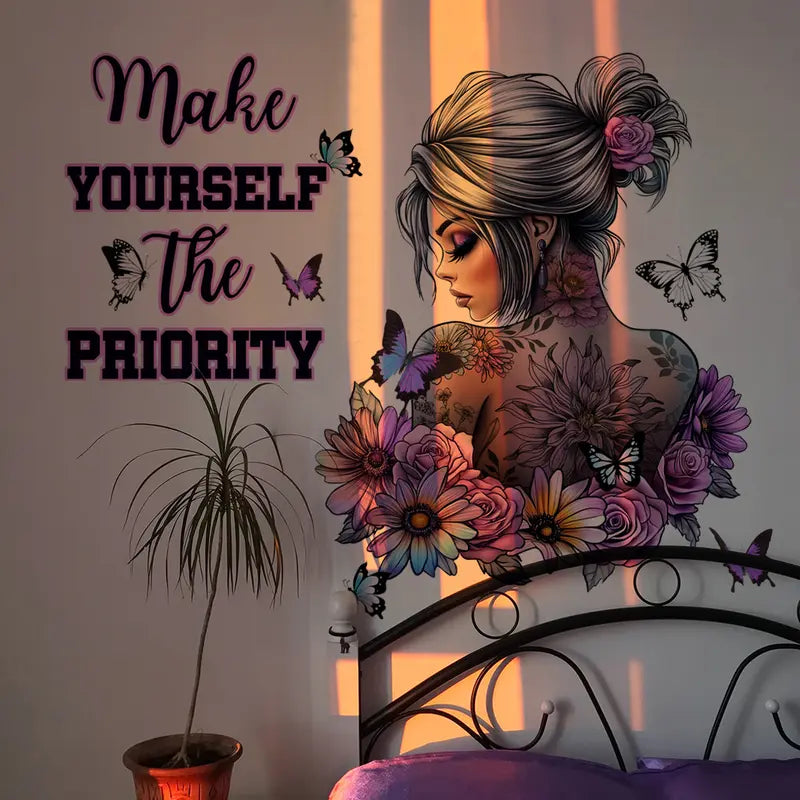Girl & Butterfly & Letter Pattern Wall Stickers (2pcs) Self-adhesive Wall Decals Home Bedroom Living Room Creative Decorative Posters Motivational Quotes Wall Stickers