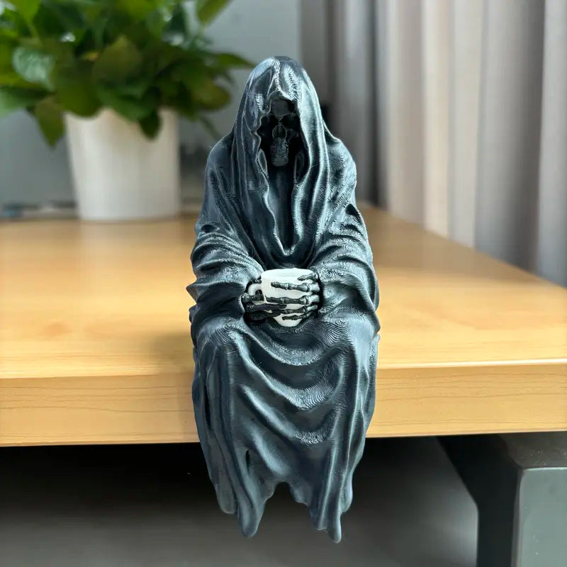 Seated Ghost With Tea Cup- 3D Printed Gothic Decoration, Skeleton Holding Cup, Halloween Horror Decor, Black Resin Figurine