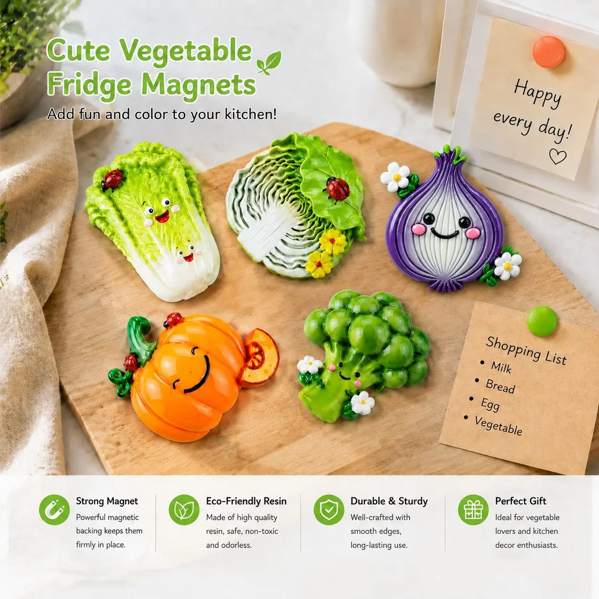 Kawaii Vegetable Fridge Magnets Set, 5PCS Cute Resin Cartoon Food Magnets, Funny Strong Magnetic Refrigerator Decorating Magnets for Kitchen, Office & Home, Novelty Gift Idea