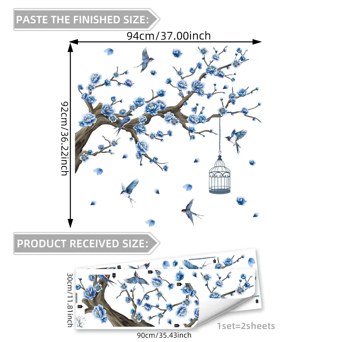 A set of two (30*90cm*2pcs) blue flower, branch and birdcage wall stickers, Decorative Wall Stickers, Wall Stickers Decorations, home decor for living room and bedroom (M15054-YC)
