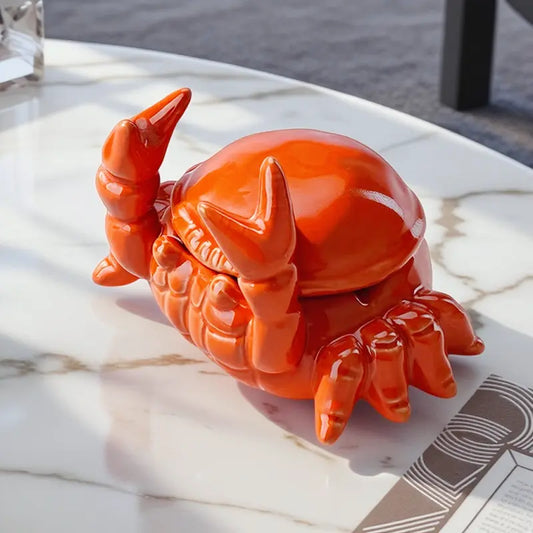 Premium Ceramic Crab Critter Figurine Ashtray - Windproof, Smooth, Lidded, 3 Butt Slots, Whimsical Colorful Room Decor, Multifunctional Adult Desk Organiser, Unique Smoker Gift with Box Packaging for Indoor Use